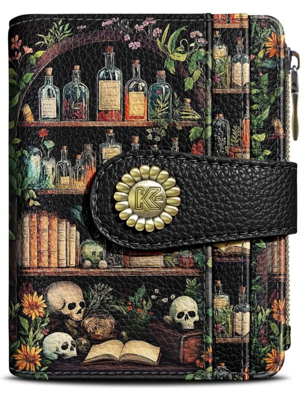 Women's Bookshelves Skull Goth RFID Coin Pocket Vegan Pu Leather Zipper Wallet